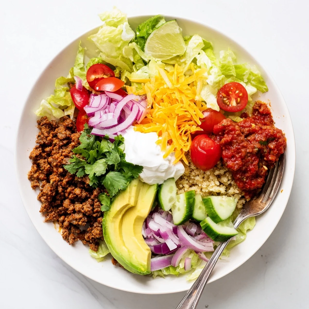 Low Carb Burrito Bowl in a colorful ceramic dish, garnished with cilantro and lime wedges, ready to serve.