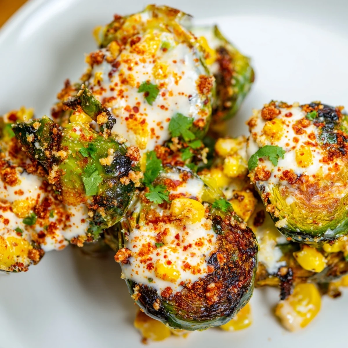 A vibrant bowl of Mexican Street Corn Brussels Sprouts drizzled with creamy chili-lime sauce.