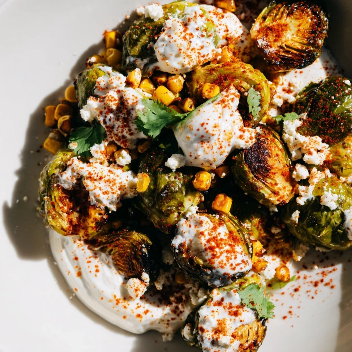 Crispy roasted Mexican Street Corn Brussels Sprouts garnished with cotija and cilantro on a platter.