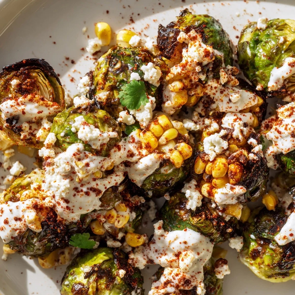 Golden brown Mexican Street Corn Brussels Sprouts topped with cheese and fresh scallions for serving.
