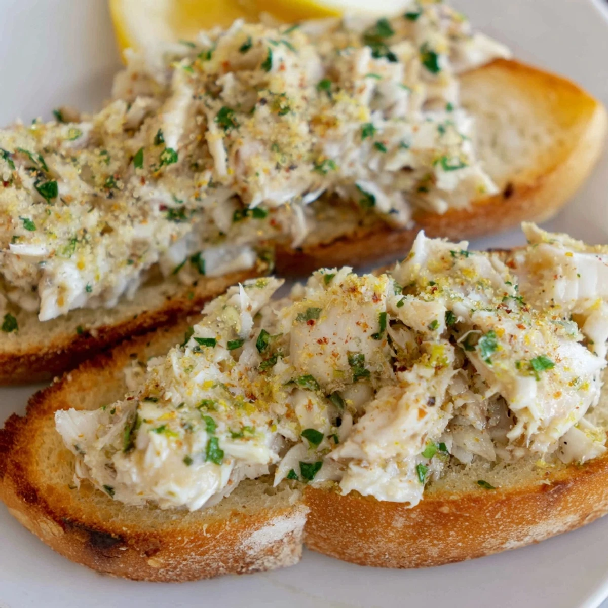 Garlic Butter Crab Toasts with toasted baguette slices and a lemon wedge garnish, ready to serve warm.