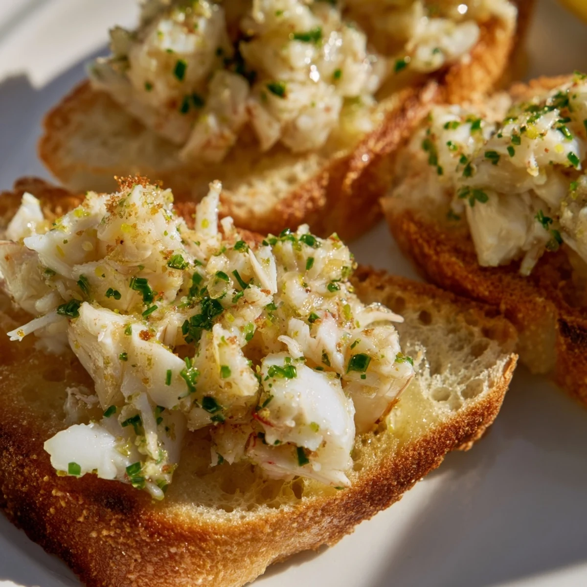 Golden Garlic Butter Crab Toasts topped with succulent crab meat and fresh herbs sit on a rustic wooden board.