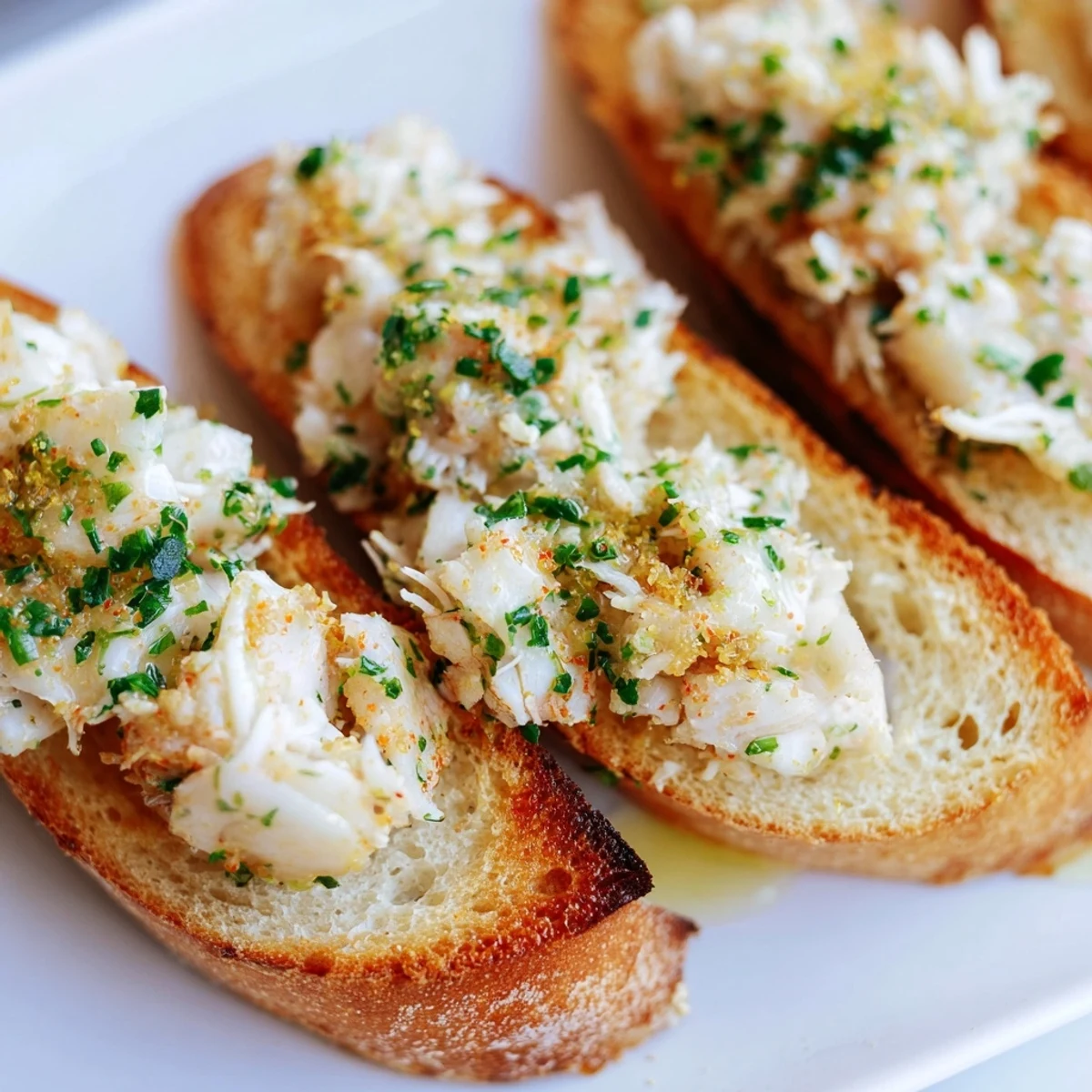 Close-up of Garlic Butter Crab Toasts showcasing tender crab and melted butter on crisp, golden-brown bread.