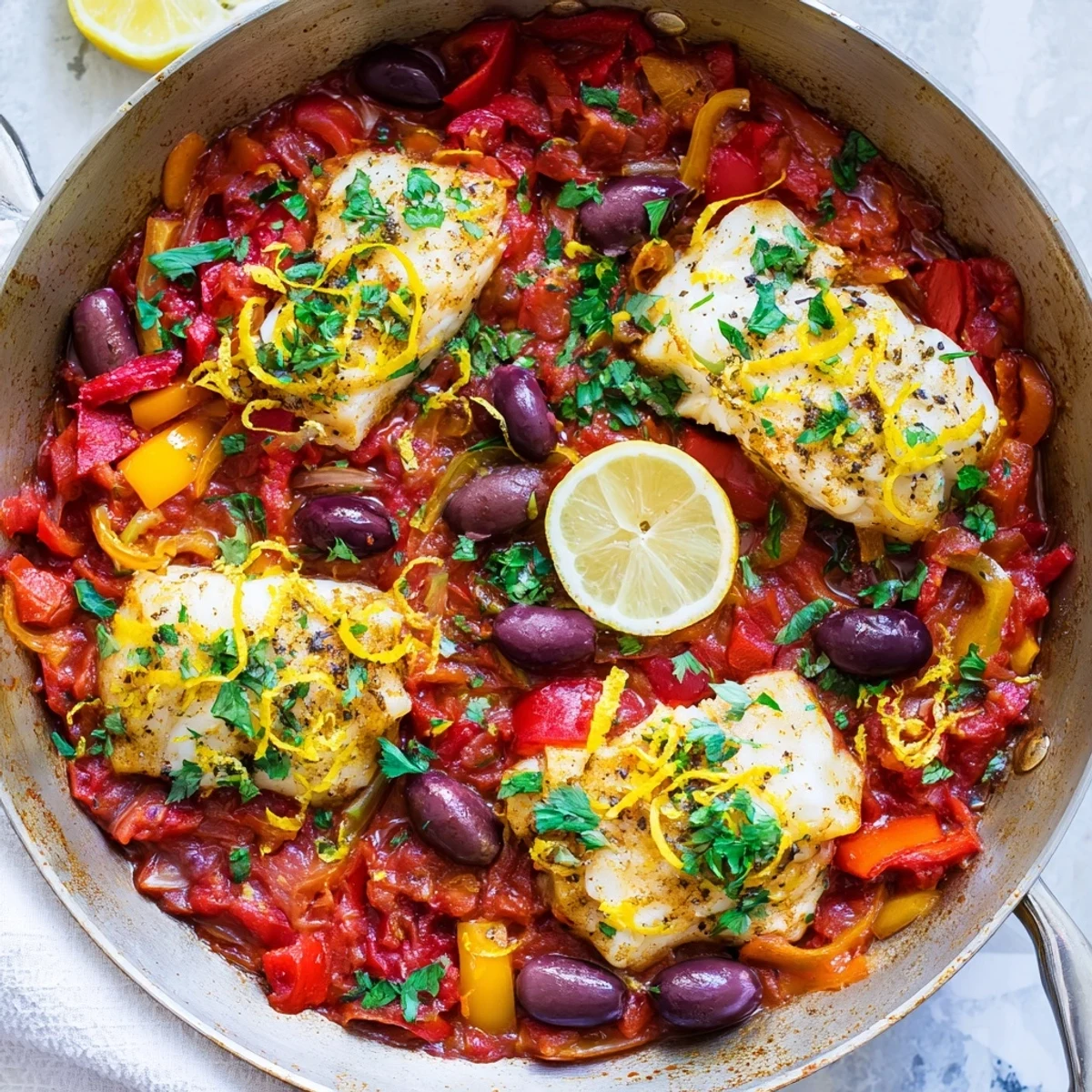Fragrant Mediterranean Baked Cod With Olives in a rich tomato sauce, served in a white dish with fresh parsley and lemon zest.
