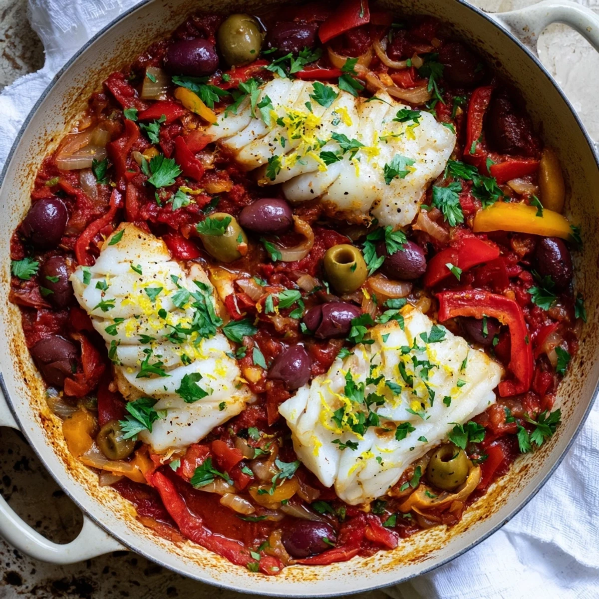 Tender flaky cod fillets baked in a Mediterranean sauce with olives and capers, perfect with crusty bread for dipping.