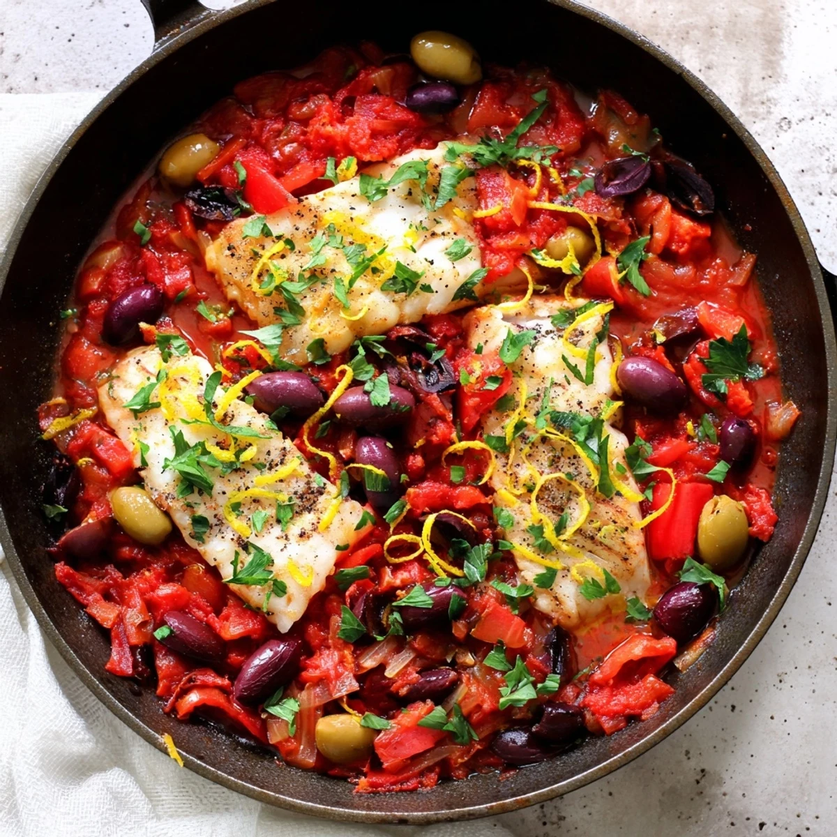An ovenproof skillet of Mediterranean Baked Cod With Olives, garnished with herbs and lemon, bubbling and ready for dinner.
