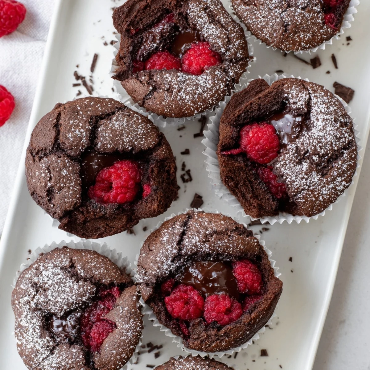 A close-up of Raspberry Chocolate Lava Cupcakes on a marble surface, showing powdered sugar dusting and fresh raspberries on top.