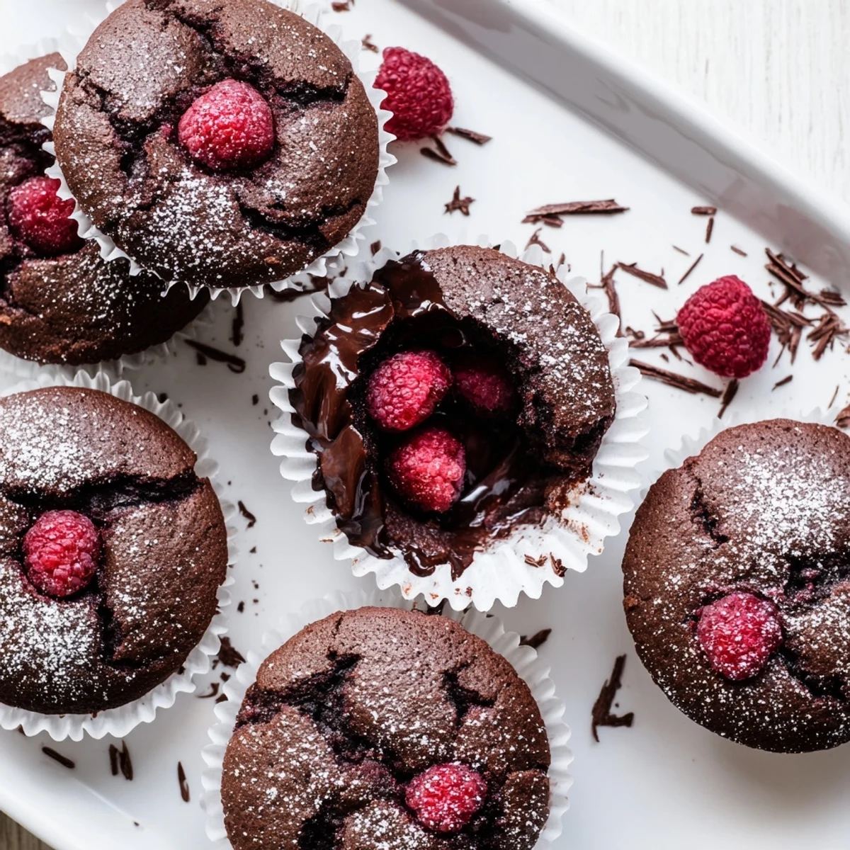 Perfectly baked Raspberry Chocolate Lava Cupcakes are served on a white plate with chocolate shavings and vanilla ice cream.
