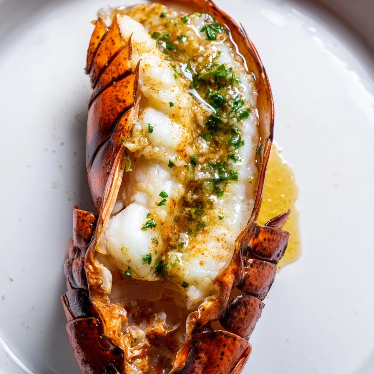 Smoked Lobster Tails With Garlic Butter sit on a smoker rack, basted with aromatic butter and garnished with fresh parsley.