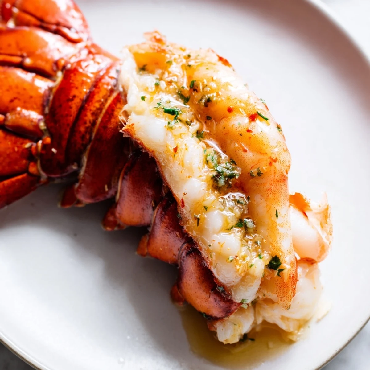 Golden smoked lobster tails drizzled with garlic butter and lemon wedges rest on a wooden serving platter.