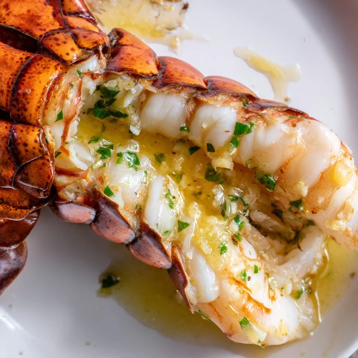 Smoked Lobster Tails With Garlic Butter served with grilled vegetables, highlighting tender meat and rich buttery glaze.