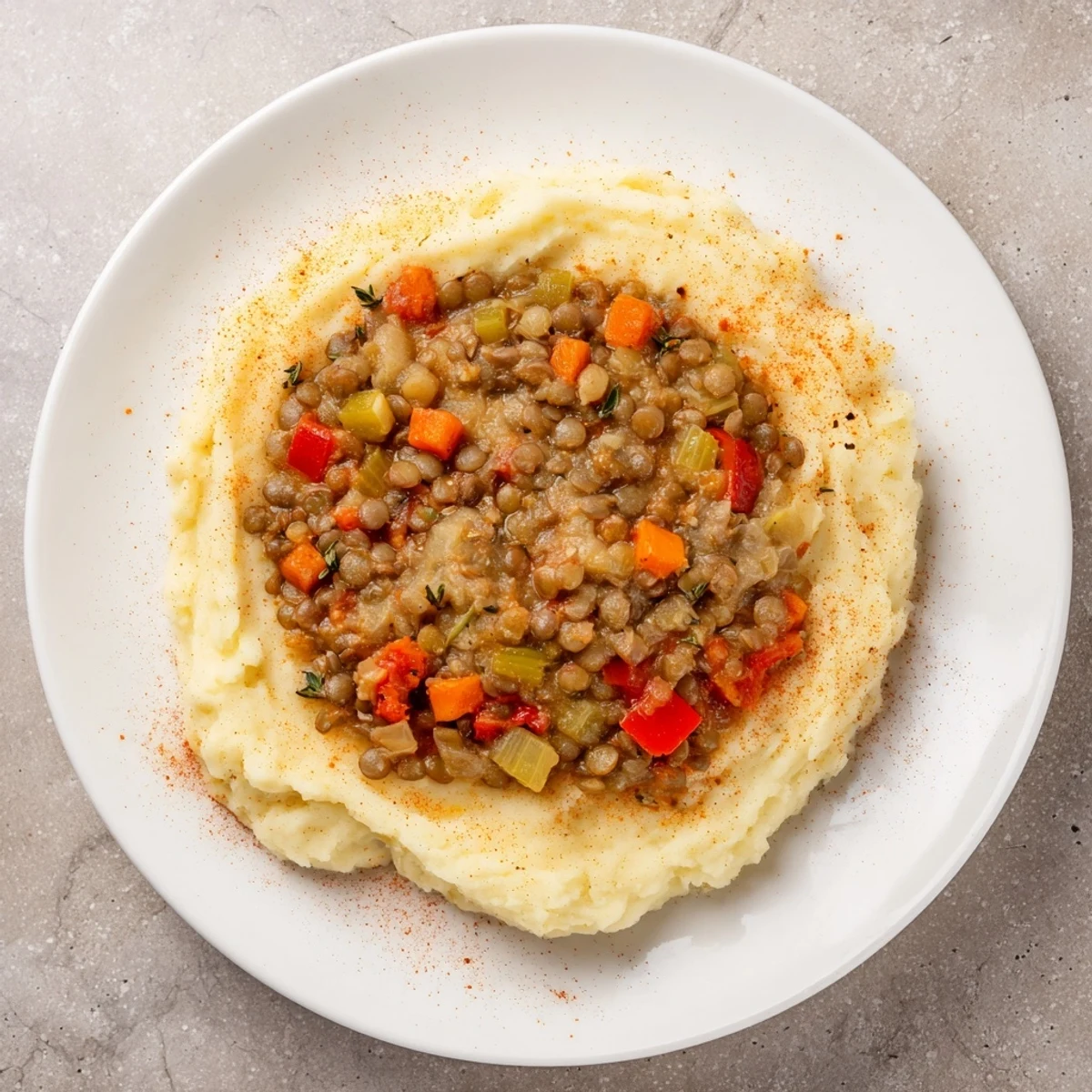 Creamy mashed potatoes topped with hearty lentil stew, garnished with fresh parsley in a rustic bowl.