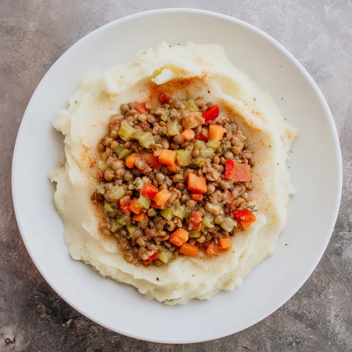The savory lentil stew over creamy mashed potatoes steams warmly, ready for a cozy weeknight dinner.