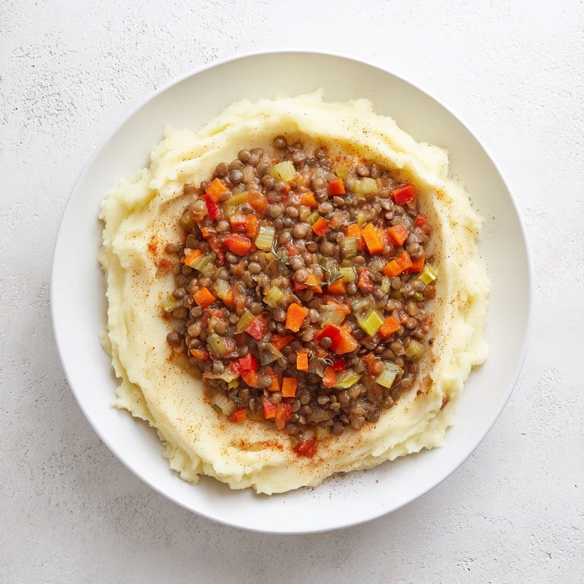 A close-up of lentil stew over creamy mashed potatoes with wilted spinach and a drizzle of olive oil.
