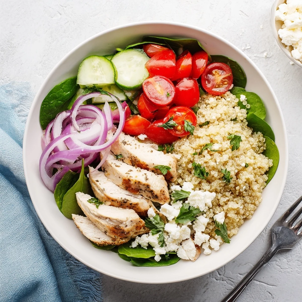 A close-up view of the Easy High-Protein Chicken & Quinoa Bowl showing a drizzle of lemon-herb dressing and crumbled feta cheese.