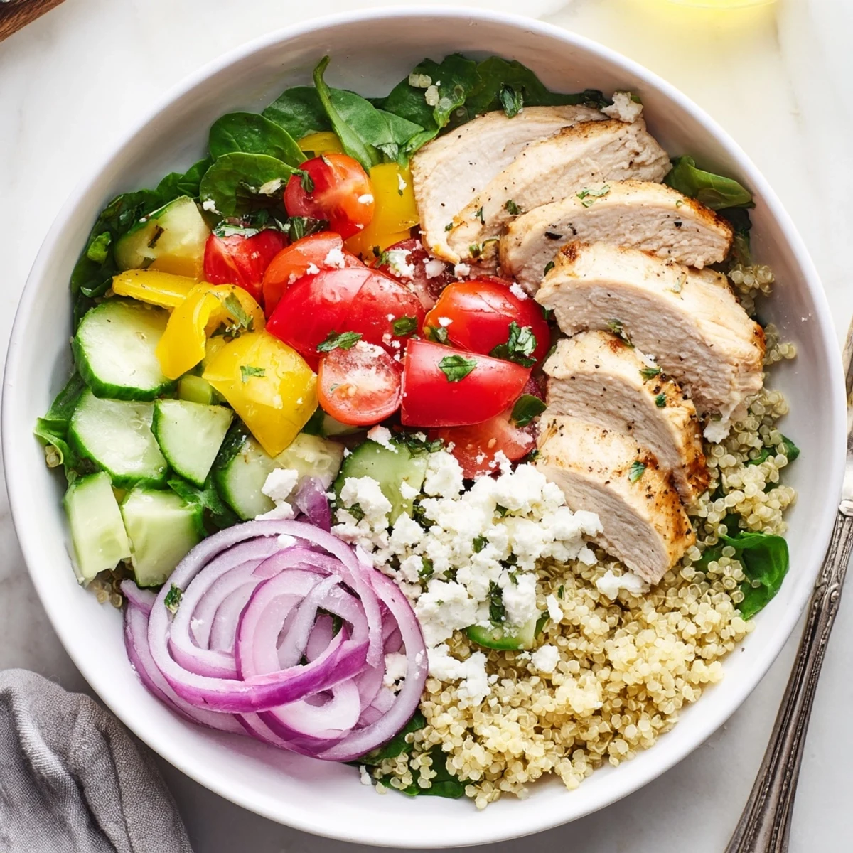 Serving suggestion for an Easy High-Protein Chicken & Quinoa Bowl meal prep container with a fork on a rustic wooden table.