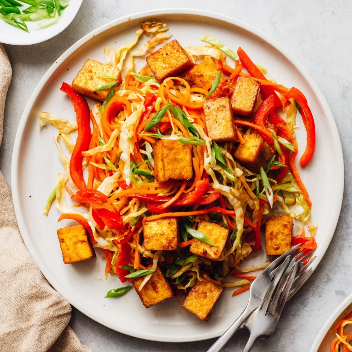 Served hot over steamed rice, this Stir Fried Tofu and Cabbage features a glossy sauce and fresh green onions.