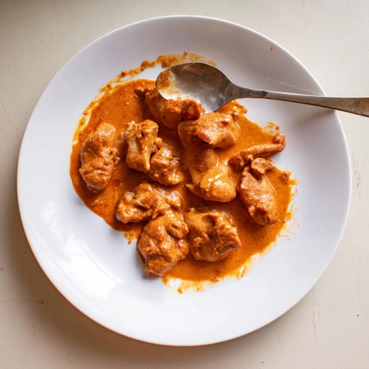 A close-up of tender chicken in a vibrant orange keto butter chicken sauce, garnished with fresh cilantro.