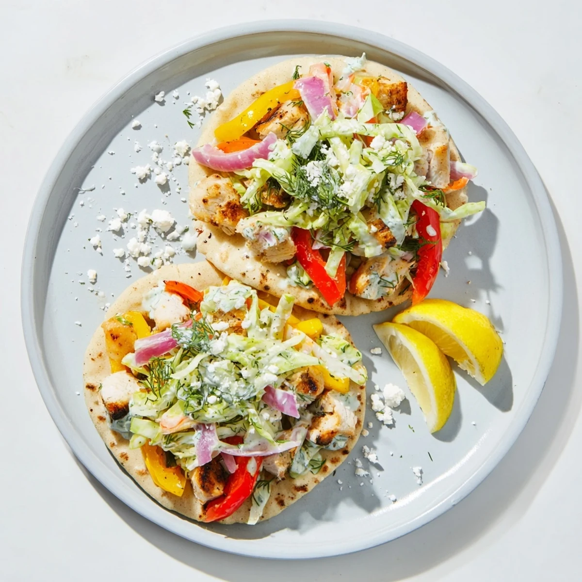 Fresh herb ranch slaw adds creamy crunch to sheet pan chicken pitas, served with lemon wedges for a zesty finish.
