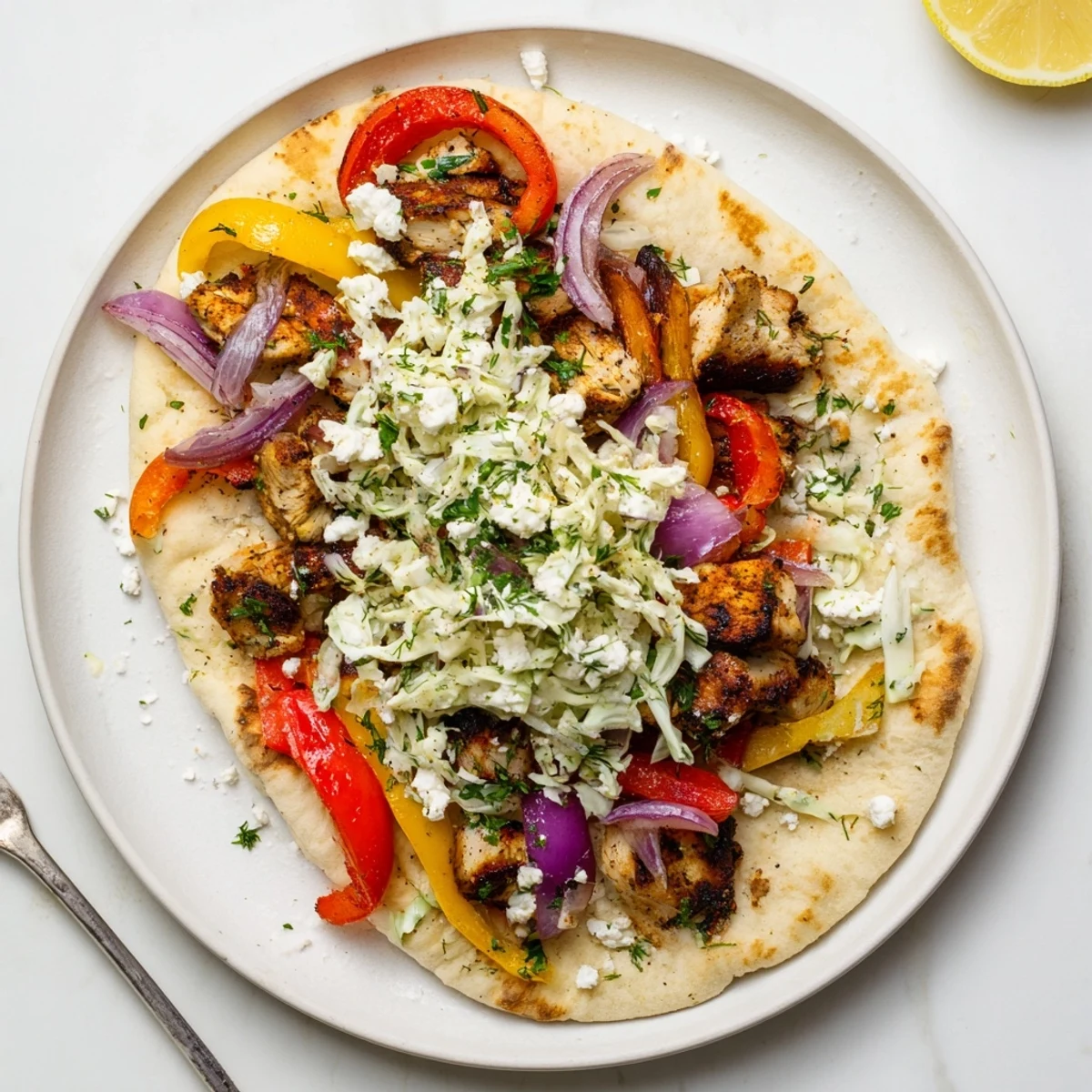 Juicy roasted chicken and crisp vegetables nestled in warm pita, topped with bright green herb ranch slaw for a satisfying bite.