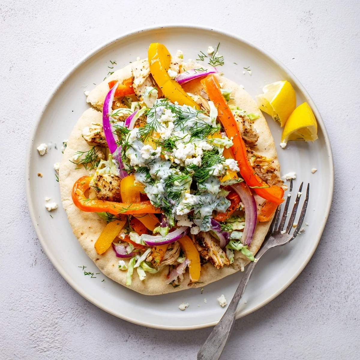 Golden brown chicken and charred peppers fill soft pita bread, piled high with cool, crunchy slaw for an easy weeknight meal.