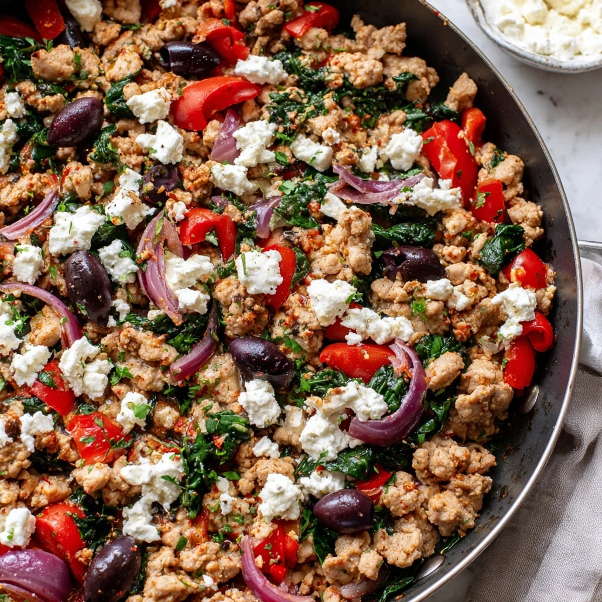 The Mediterranean Keto Skillet with Ground Chicken, Olives & Feta shows a steaming one-pan meal garnished with fresh parsley.  