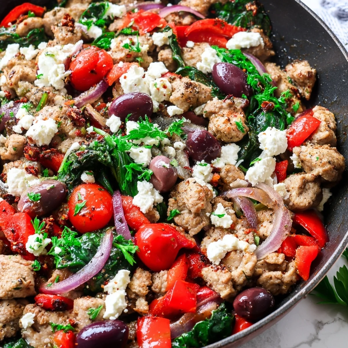 This Mediterranean Keto Skillet with Ground Chicken, Olives & Feta is served hot with a side of cauliflower rice.