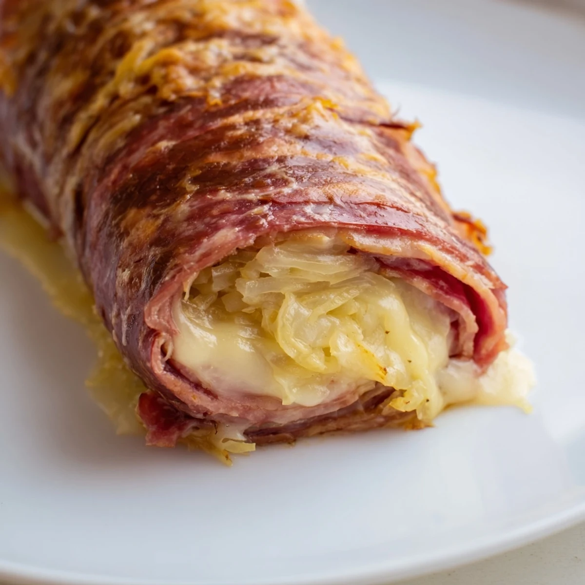 Crispy golden Keto Crispy Reuben Roll Ups fresh from the oven with melted Swiss cheese and savory corned beef