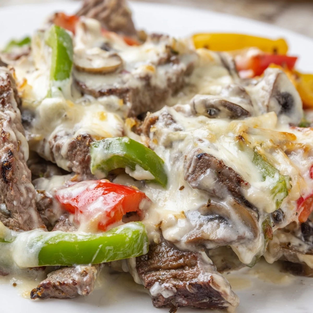 Steaming keto Philly cheesesteak skillet with melted provolone, peppers, and onions in creamy sauce.