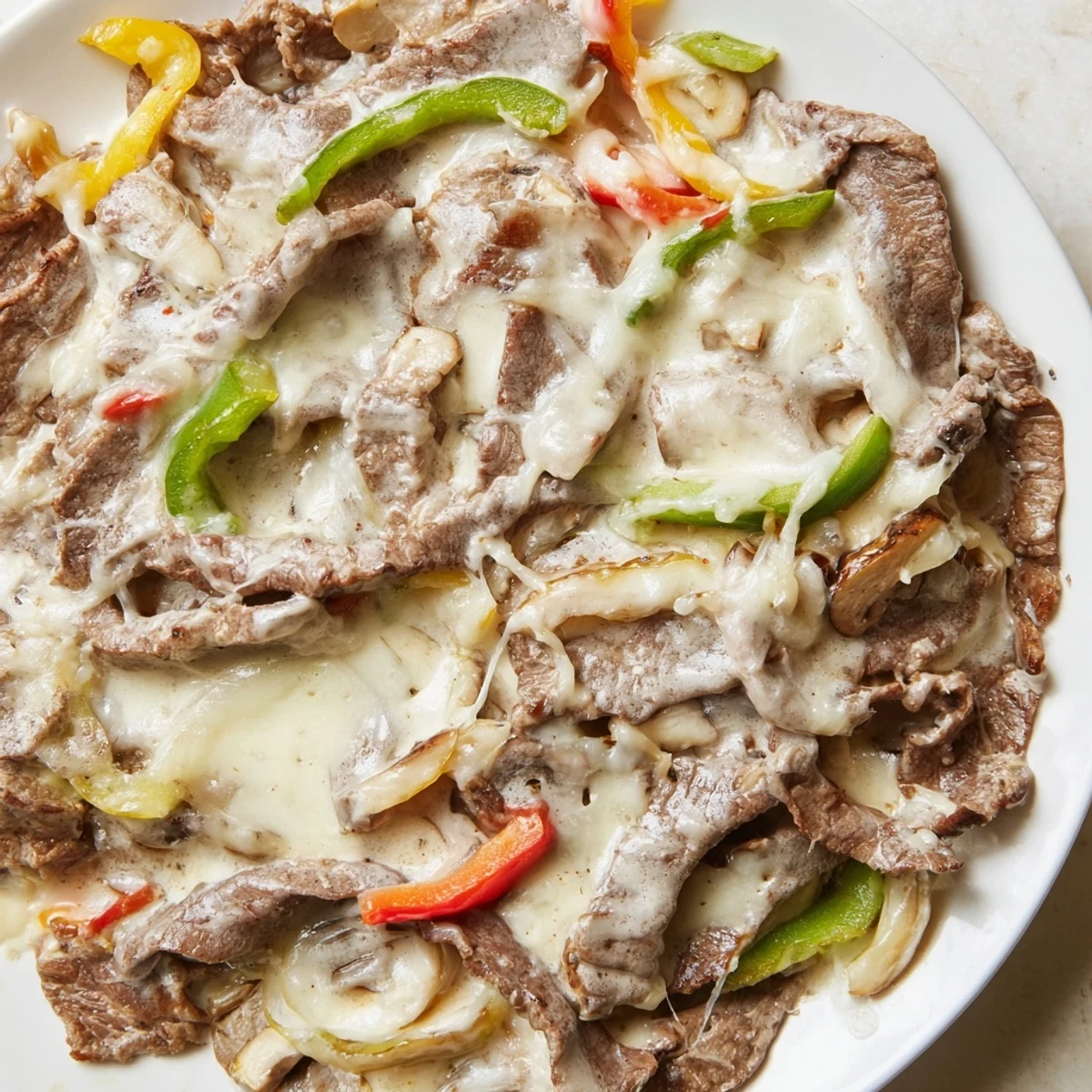 Low-carb Creamy Keto Philly Cheesesteak Skillet served hot, topped with bubbly cheese, peppers, and onions.