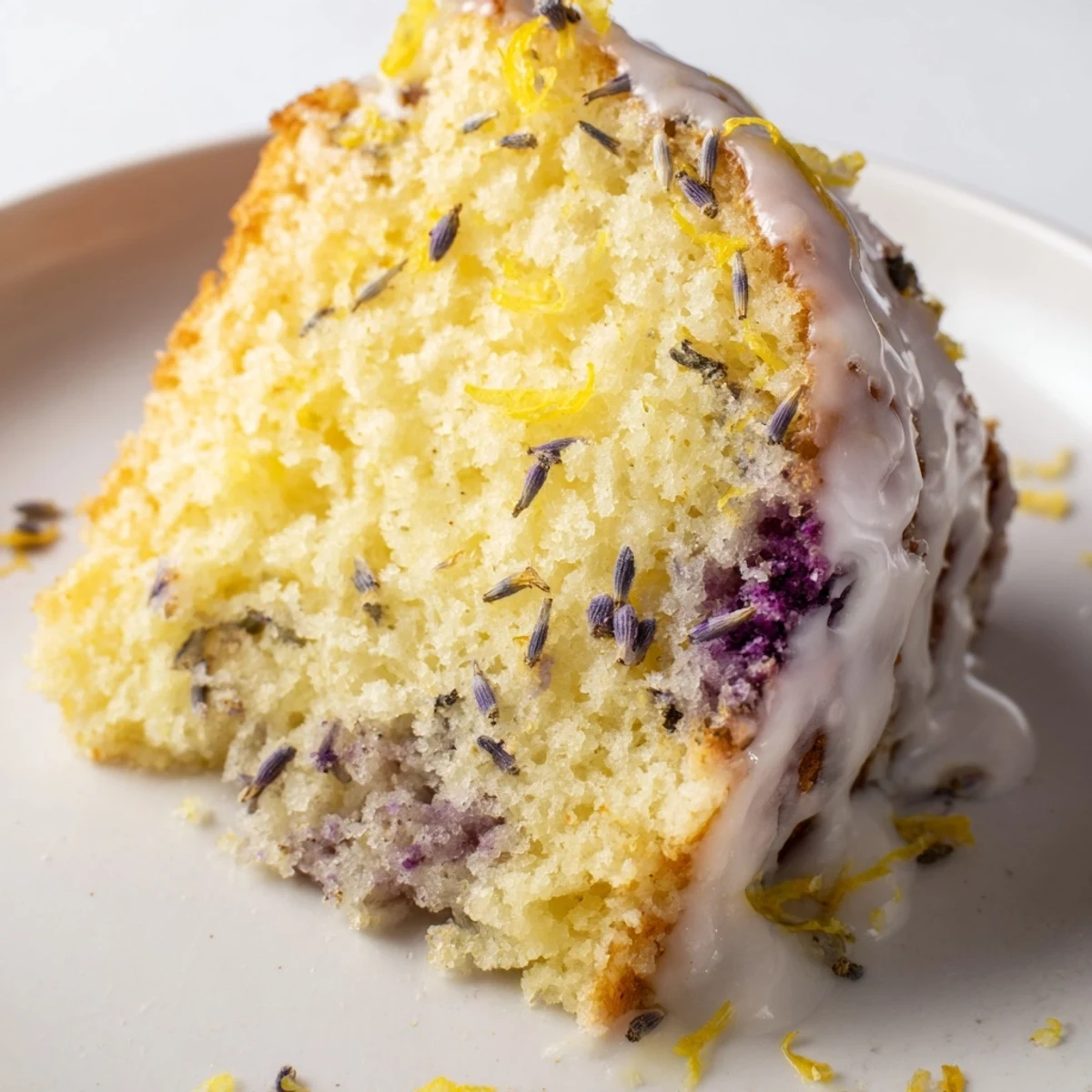 Freshly baked Lemon Lavender Cake with a glossy lemon glaze, served on a white plate for afternoon tea.
