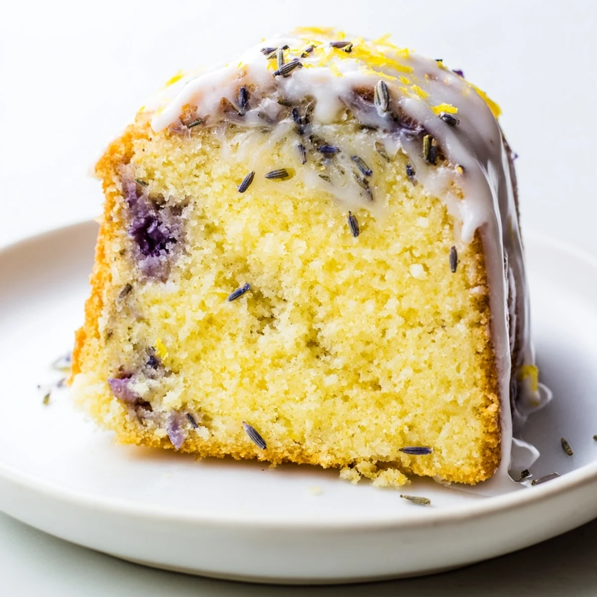 Drizzled Lemon Lavender Cake on a rustic wood board, zesty citrus aroma and floral notes perfect for special occasions.