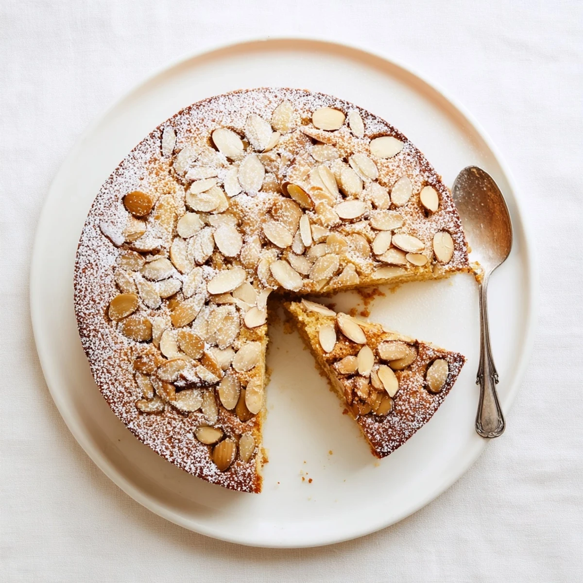 A close-up of the Almond Cake showing sliced almonds and powdered sugar, ideal for tea time or a light dessert.