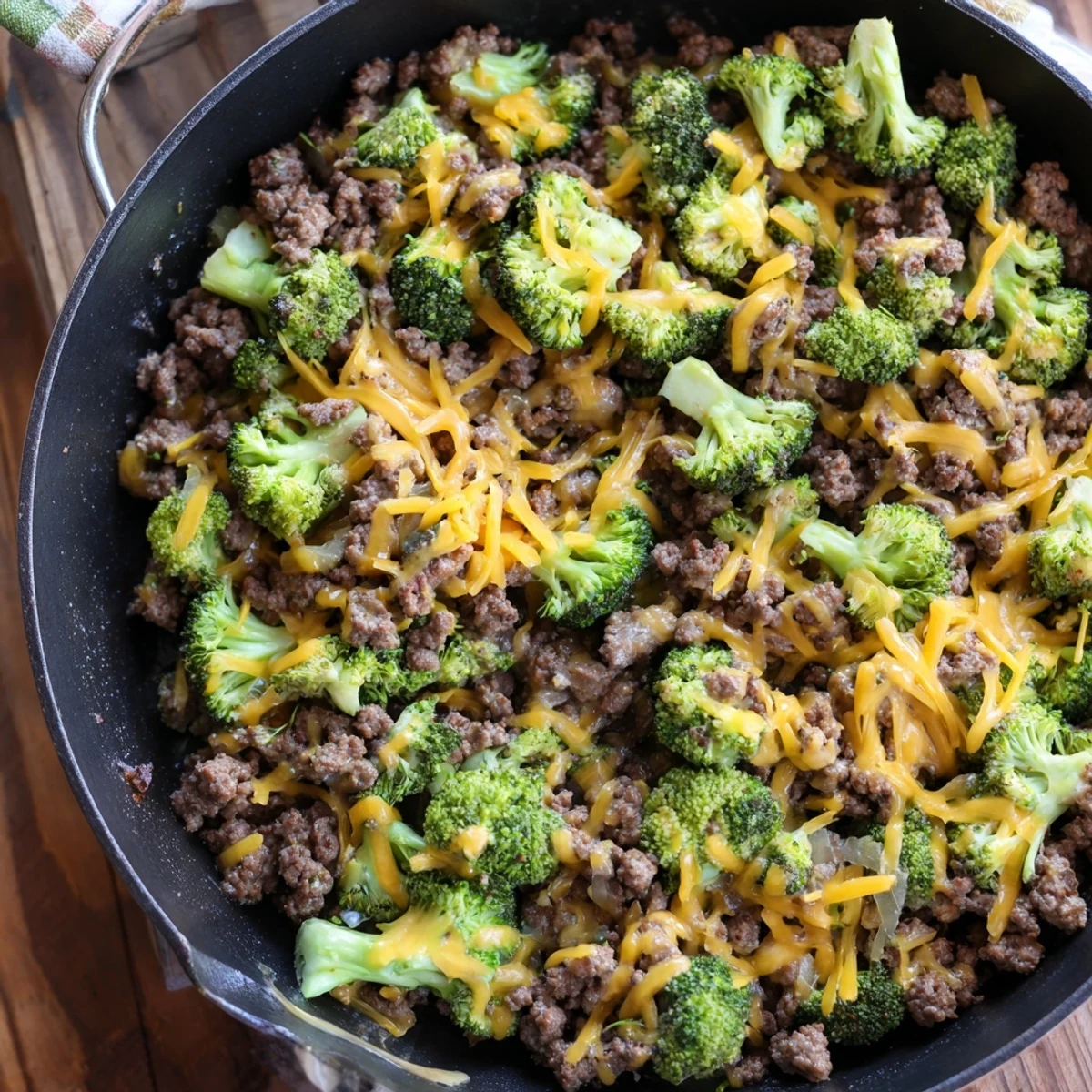 A close-up view of the Keto Hamburger Broccoli Skillet shows savory steam rising from the skillet and melted cheese pull.