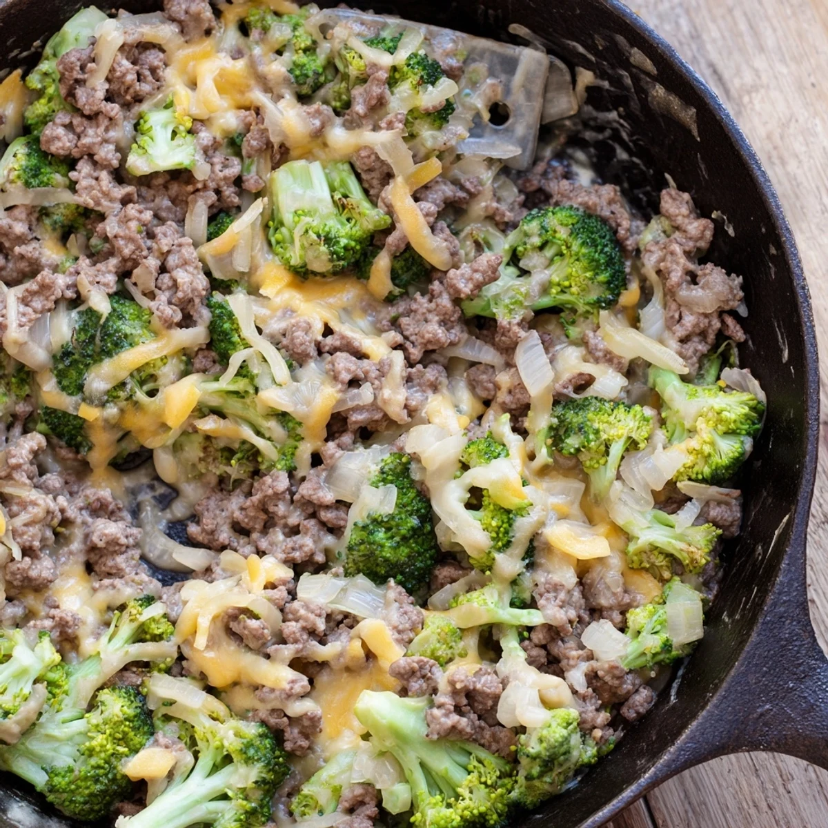 The Keto Hamburger Broccoli Skillet features seasoned beef, vibrant green florets, and creamy cheese sauce ready for a quick weeknight dinner.