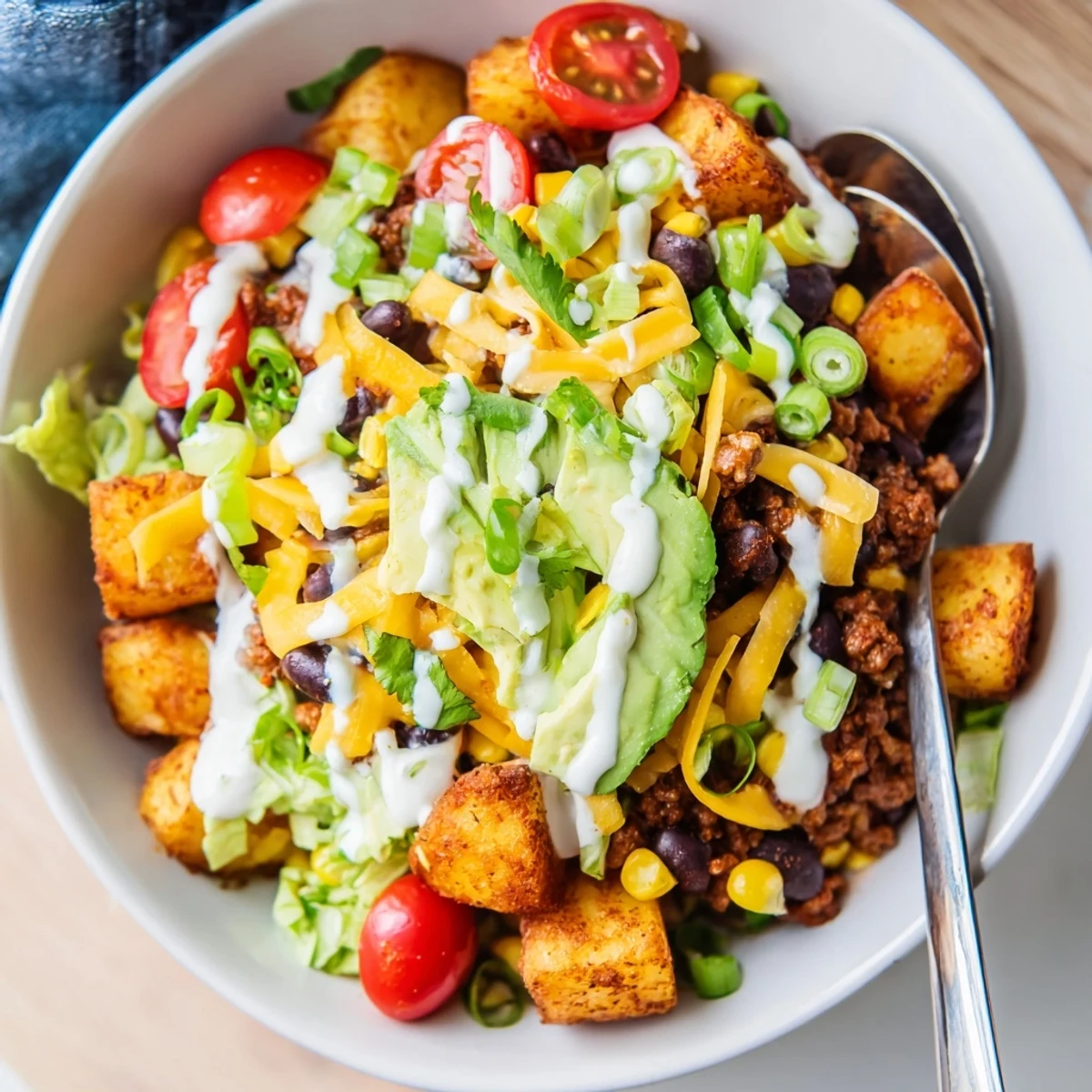 Golden crispy roasted potatoes layered with seasoned taco beef, cheddar, and fresh toppings for a Loaded Potato Taco Bowl.