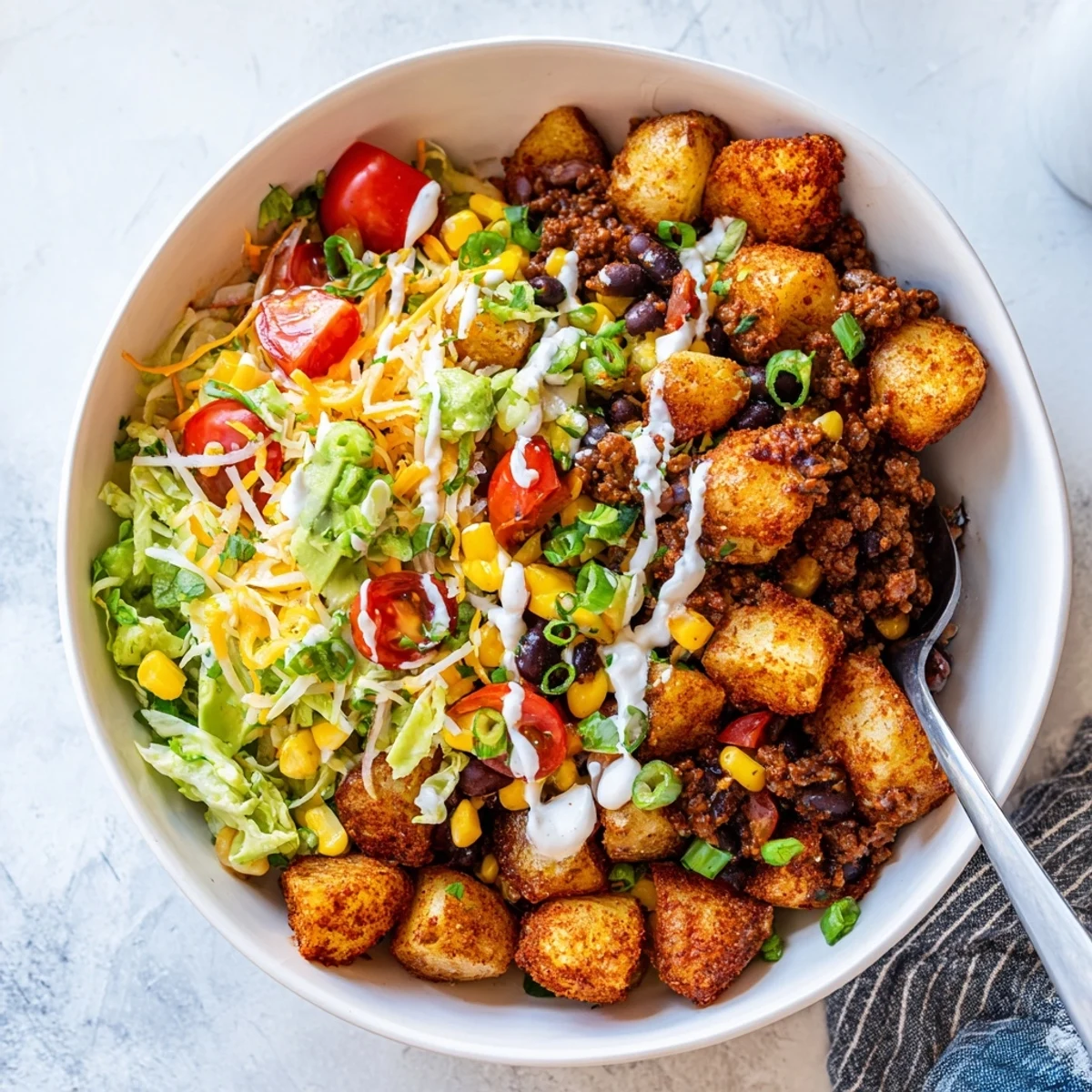 Hearty Loaded Potato Taco Bowl ready to serve, garnished with green onions and cilantro for a Tex-Mex dinner.