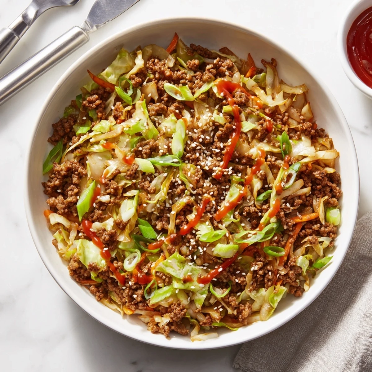 Vibrant skillet of Egg Roll In A Bowl with savory ground pork, crisp cabbage, and green onions garnished with sesame seeds.