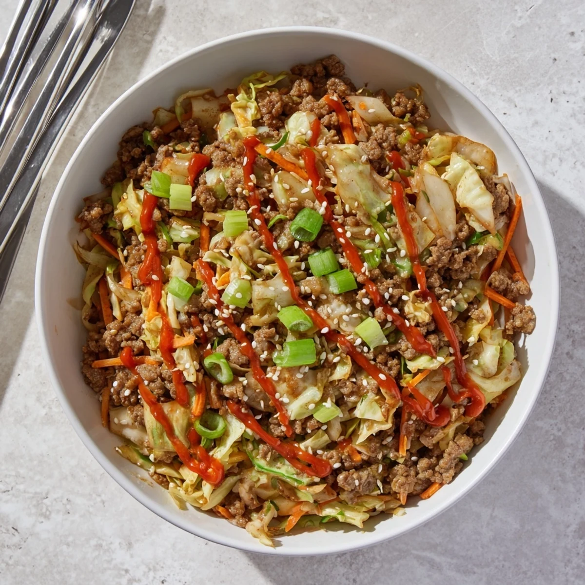 A single-serve bowl of Egg Roll In A Bowl features tender pork, shredded carrots, and a spicy sriracha drizzle over fresh greens.