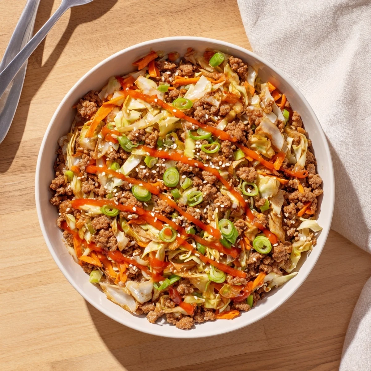 Close-up photo of Egg Roll In A Bowl revealing glossy sesame-ginger sauce coating pork and crunchy veggies in a rustic skillet.