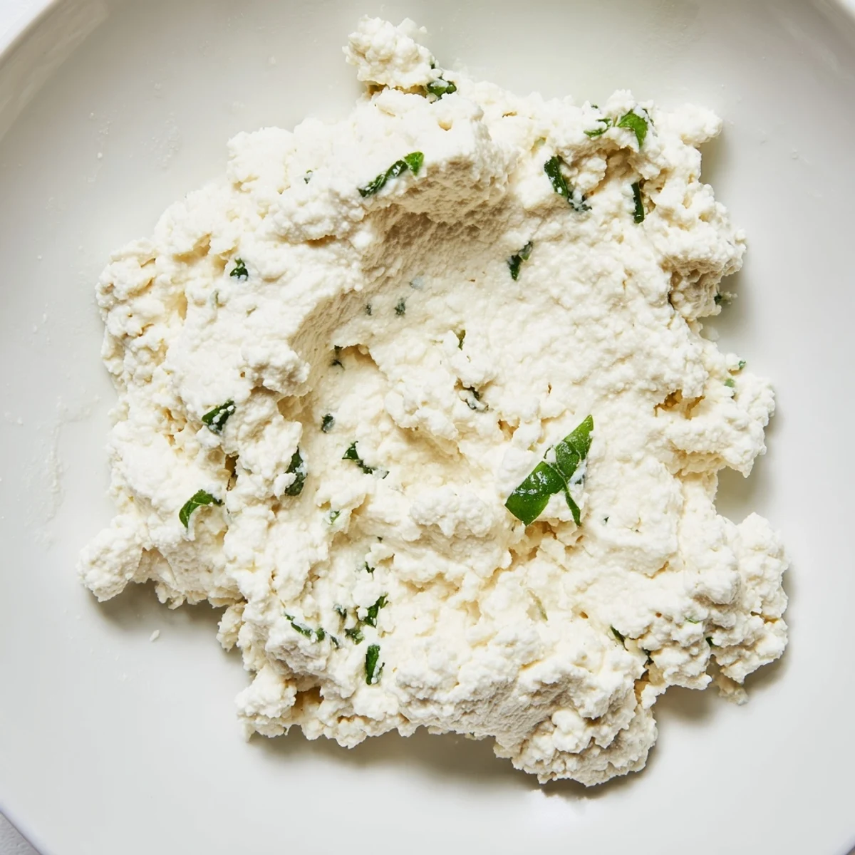 Creamy Tofu Ricotta in a white bowl garnished with fresh basil on a rustic wooden table.
