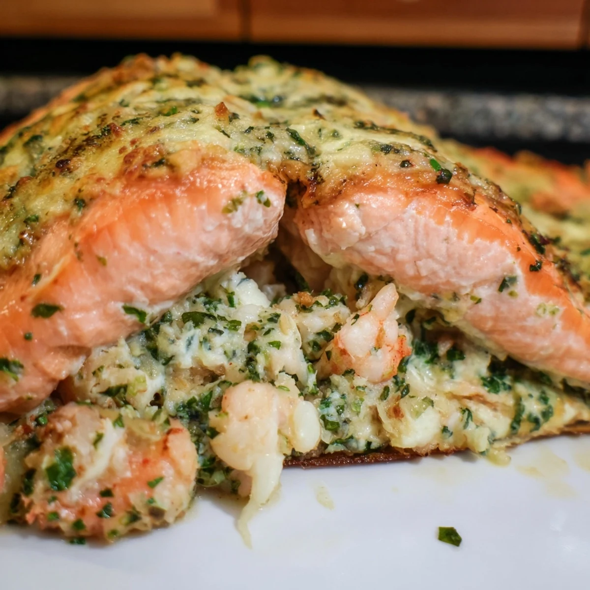 Freshly prepared Crab & Shrimp Stuffed Salmon showcases the rich, savory filling with crab and shrimp, garnished with bright lemon wedges for a pescatarian dinner.