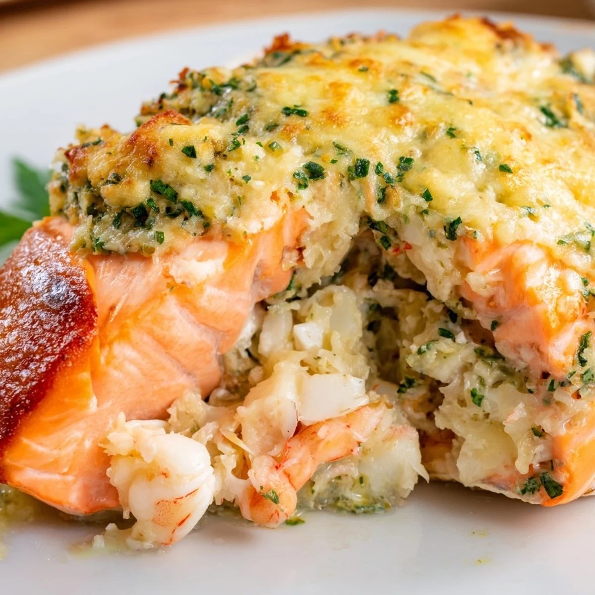 Golden-baked Crab & Shrimp Stuffed Salmon fillets flake easily with a fork, revealing a creamy seafood filling perfect for serving alongside roasted asparagus.