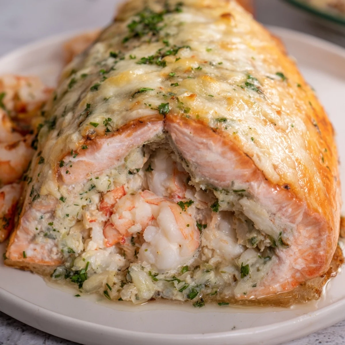 A close-up view of Crab & Shrimp Stuffed Salmon reveals the juicy salmon and golden topping, an elegant main dish for a low carb meal.
