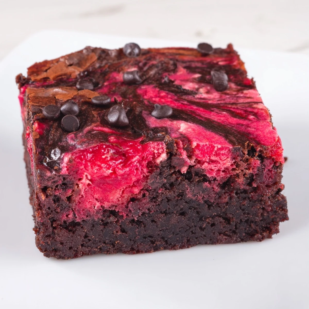A close view of Raspberry Swirl Brownies, glossy chocolate edges and tangy fruit ribbons.