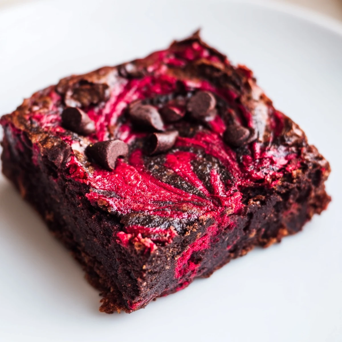 Fudgy Raspberry Swirl Brownies with marbled pink patterns, cut into squares and ready to serve.