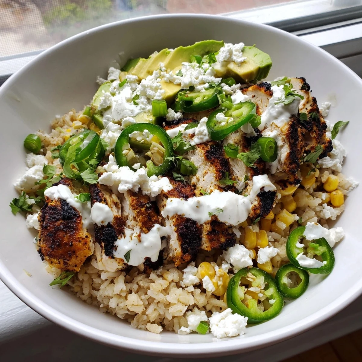 Grilled chicken slices and charred corn topped with fresh cilantro and avocado in a Street Corn Chicken Bowl.