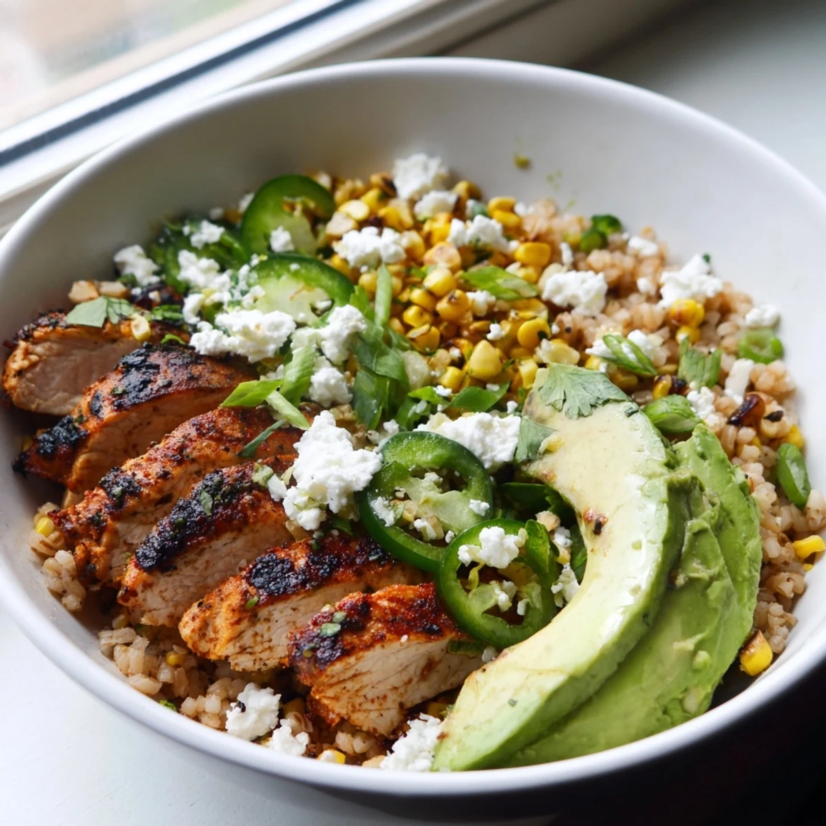 Street Corn Chicken Bowl featuring juicy grilled chicken, sweet corn, and creamy toppings served over warm rice.