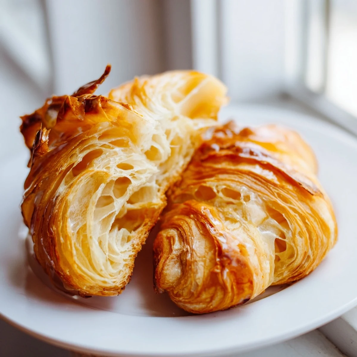 Gluten-Free Croissants stacked on a white plate, golden layers flaking with visible butter.