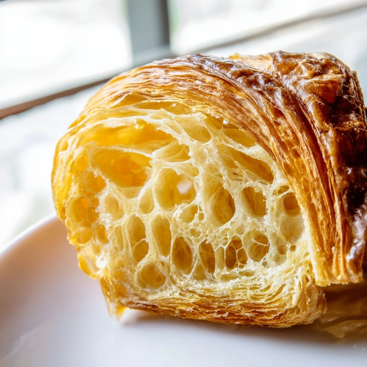 A warm Gluten-Free Croissants being split open to reveal its soft, airy interior texture.